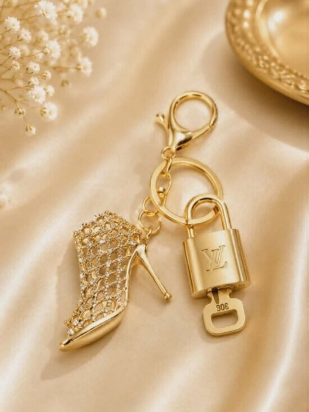 Louis Vuitton Authentic Gold Padlock 🔒 Key + Unbranded Shoe Keychain Bag Charm